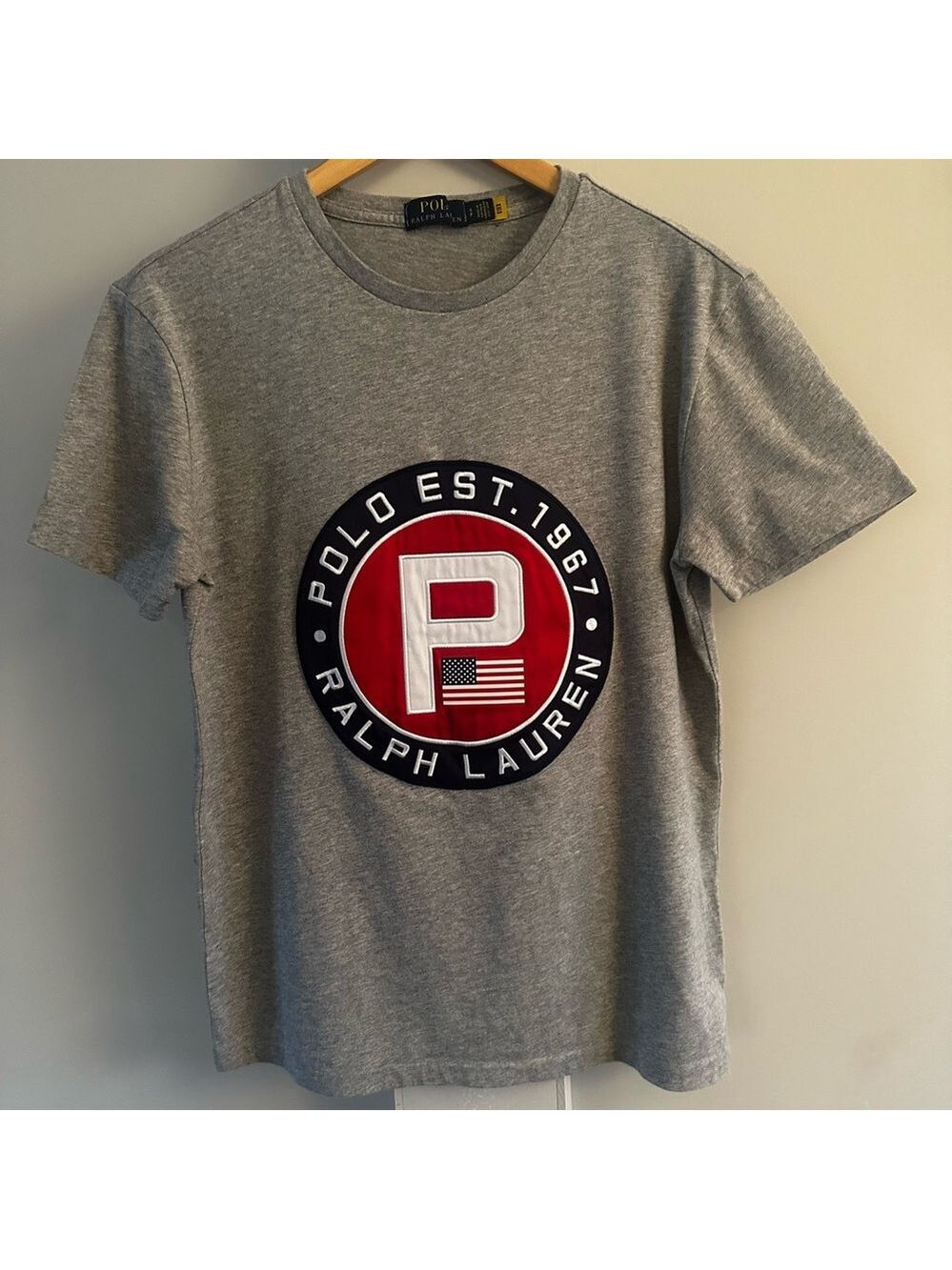 POLO RALPH LAUREN  LARGE LOGO EMBROIDERED GREY T- SHIRT  MEN'S SMALL